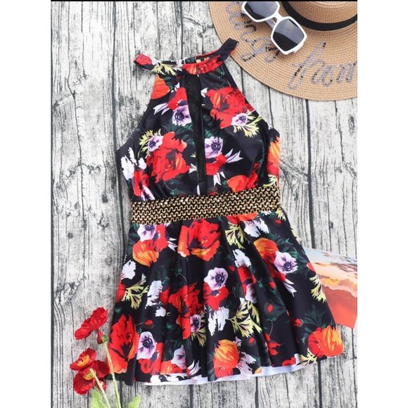 NEW Floral Print Contrast Tape One Piece Swimsuit S - Picture 3 of 6